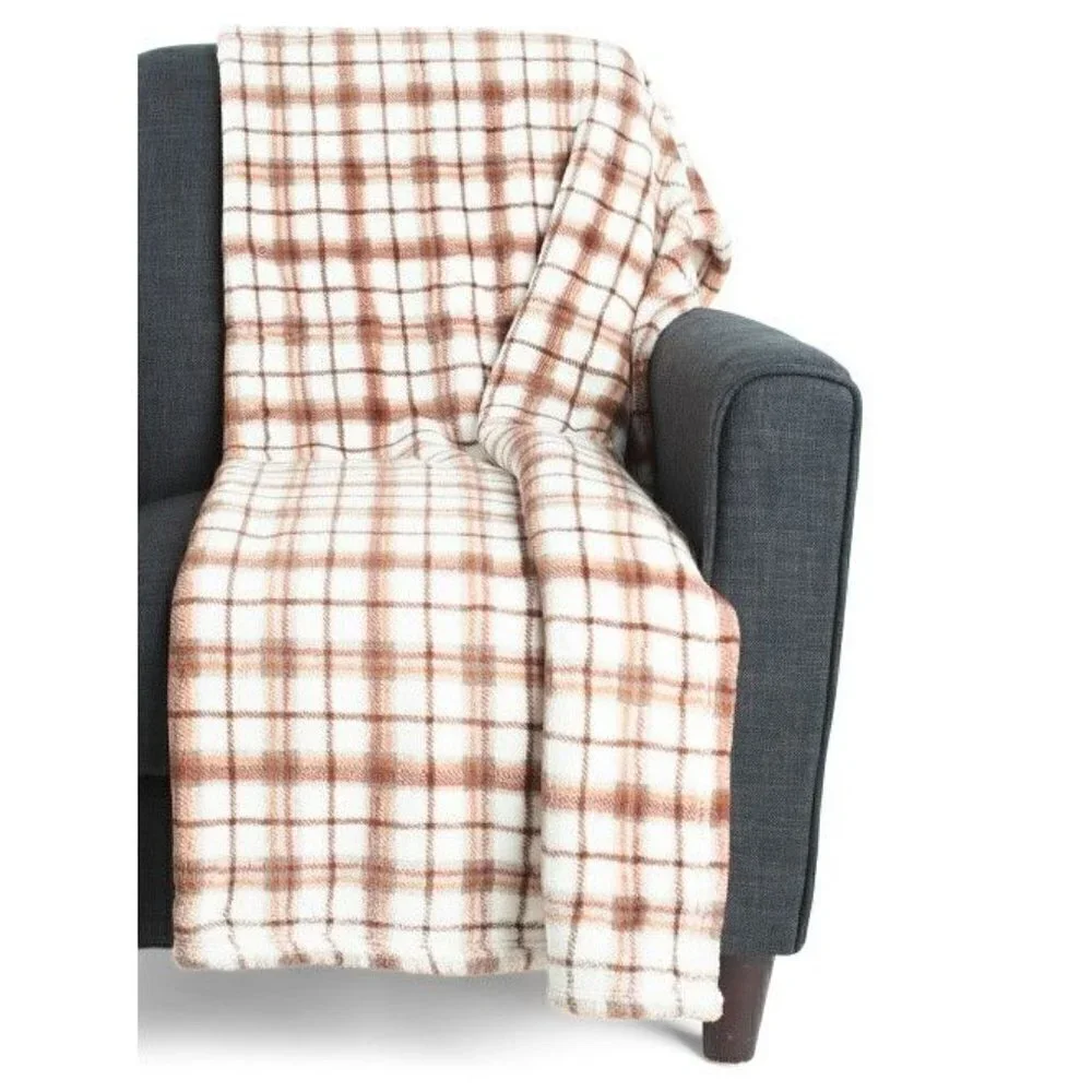 THRO Noah Plaid Printed Plush Throw brown and white | 50in W x 70 in
